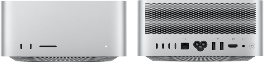 Mac Studio, Vorderseite, zwei USB‑C Anschlüsse, SDXC Kartensteckplatz, Statusanzeige, nach unten zulaufende Basis, flache Oberseite, gerundete Ecken, gerade Kanten, Farbe Silber, Mac Studio, Rückseite, Aluminiumgehäuse mit perforierten Belüftungsöffnungen, vier Thunderbolt 5 Anschlüsse, ein Ethernet Anschluss, ein Netzanschluss, zwei USB‑A, ein HDMI, ein Kopfhöreranschluss und Ein‑/Ausschalter
